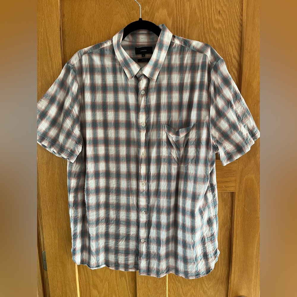 Vince Multi Shadow Plaid button down Short Sleeve XL 100% cotton pink gray blue